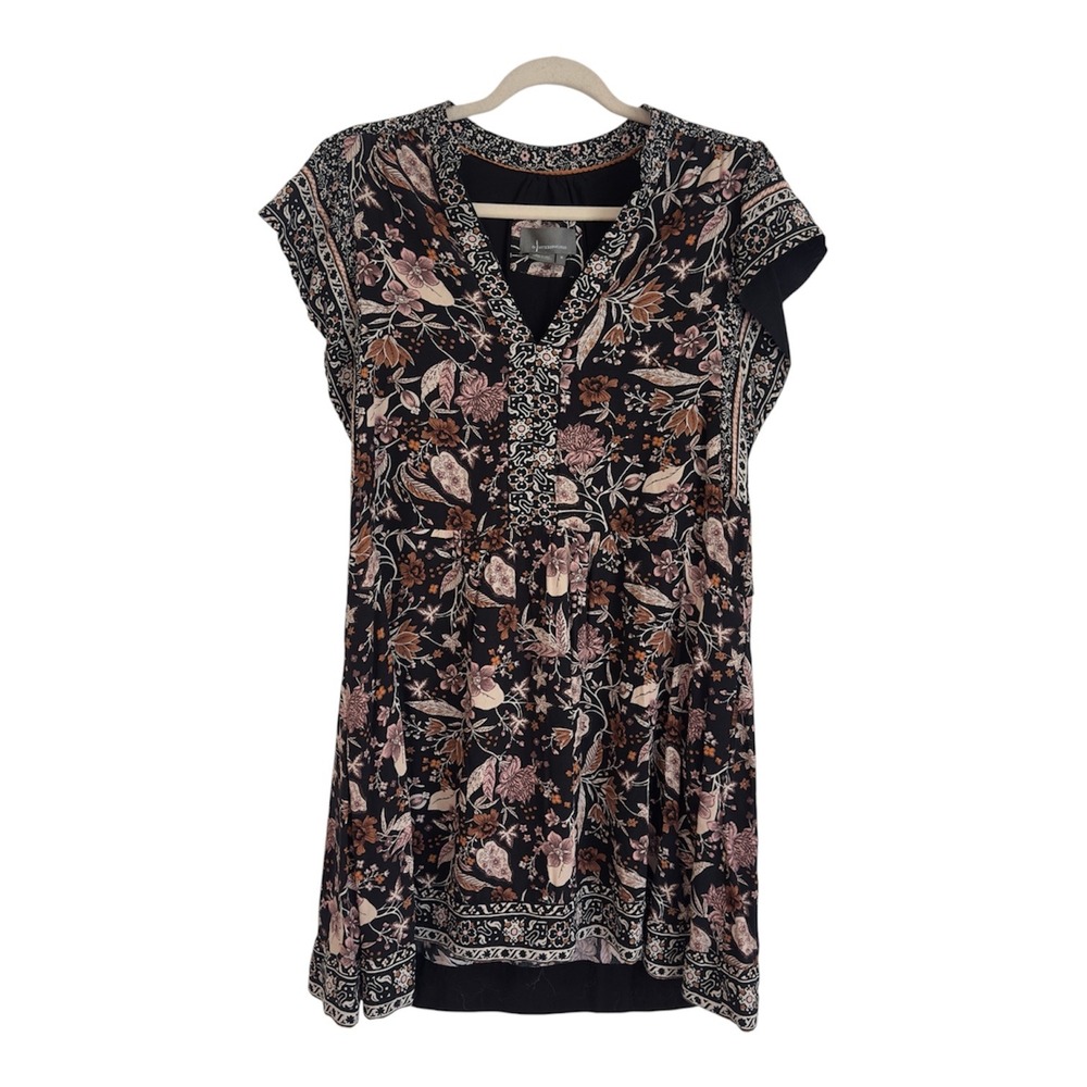 Anthropologie Floral V-Neck Empire Waist Mini Dress Black Multi Size M Boho